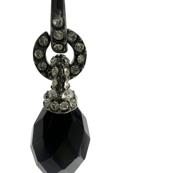 Vtg 925 Silver & Faceted Black Glass Earrings with Rhinestones on French Hook - Picture 4 of 8